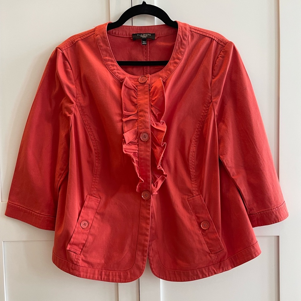 Talbots Coral Cotton Ruffled Button Up Jacket Size 14W